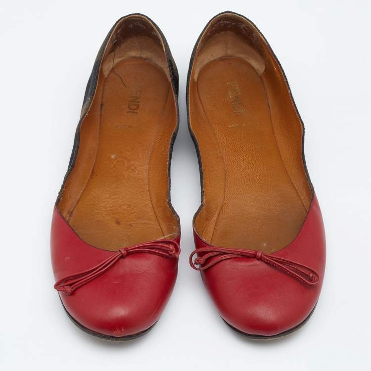 مملوكة مسبقًا Fendi Brown/Red Leather And Canvas Toe Ballet Flats Size 40