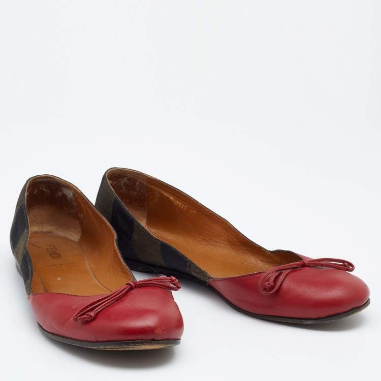 مملوكة مسبقًا Fendi Brown/Red Leather And Canvas Toe Ballet Flats Size 40