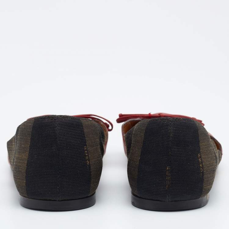 مملوكة مسبقًا Fendi Brown/Red Leather And Canvas Toe Ballet Flats Size 40