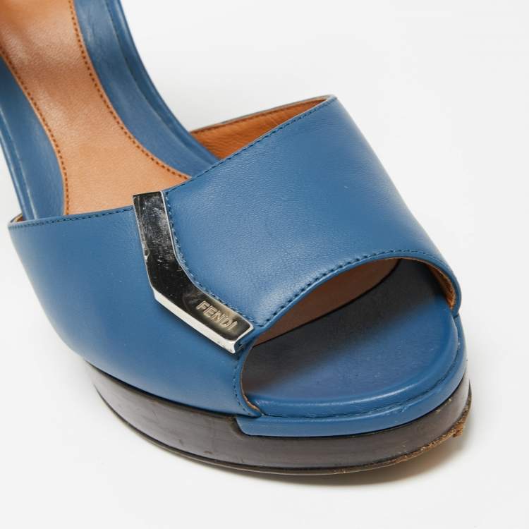 Pre Owned Fendi Blue Leather Metal Logo Open-Toe Ankle-Strap Platform Sandals Size 40