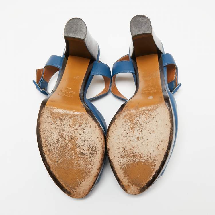 Pre Owned Fendi Blue Leather Metal Logo Open-Toe Ankle-Strap Platform Sandals Size 40