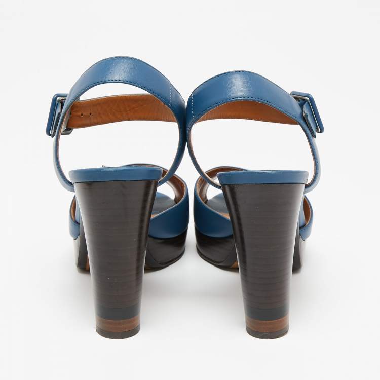Pre Owned Fendi Blue Leather Metal Logo Open-Toe Ankle-Strap Platform Sandals Size 40