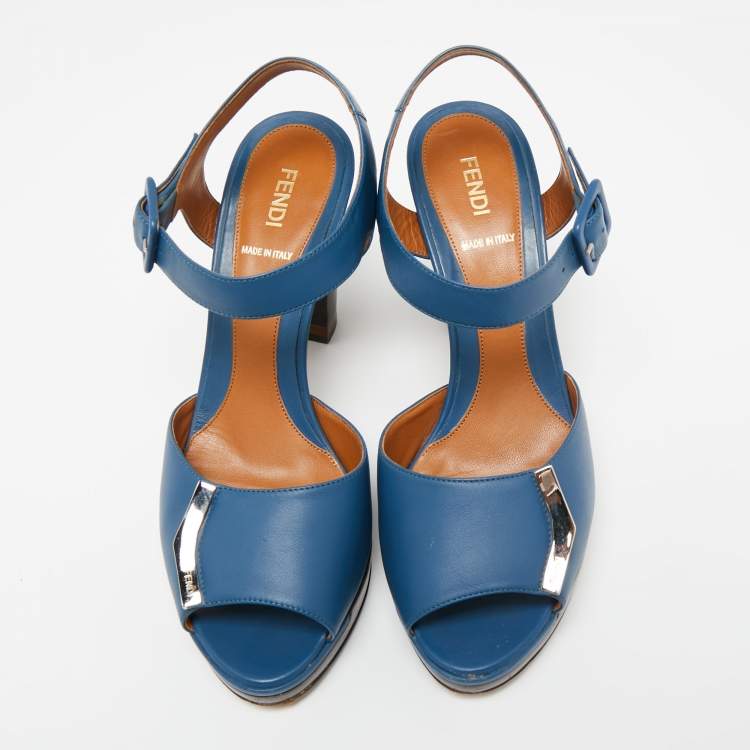 Pre Owned Fendi Blue Leather Metal Logo Open-Toe Ankle-Strap Platform Sandals Size 40