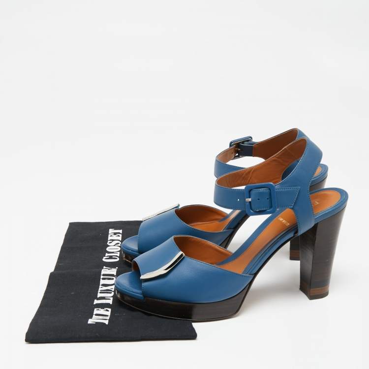 Pre Owned Fendi Blue Leather Metal Logo Open-Toe Ankle-Strap Platform Sandals Size 40