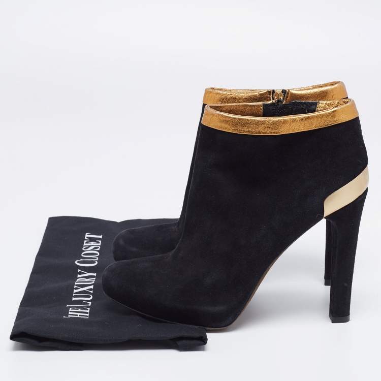 Pre Owned Fendi Black/Gold Leather And Suede Platform Ankle Boots Size 39.5