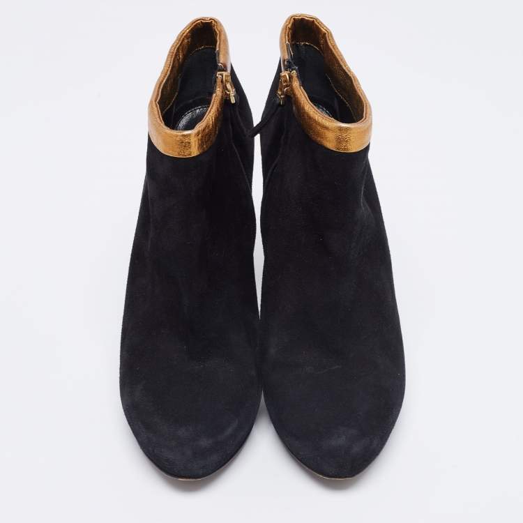 Pre Owned Fendi Black/Gold Leather And Suede Platform Ankle Boots Size 39.5
