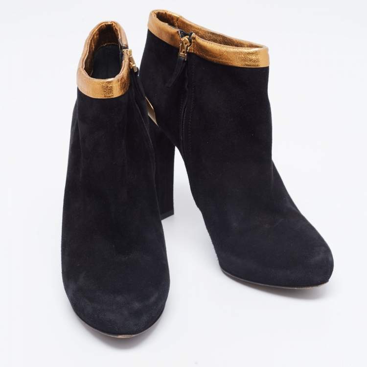 Pre Owned Fendi Black/Gold Leather And Suede Platform Ankle Boots Size 39.5