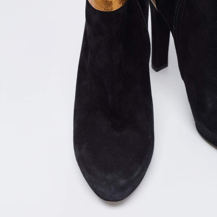 Pre Owned Fendi Black/Gold Leather And Suede Platform Ankle Boots Size 39.5
