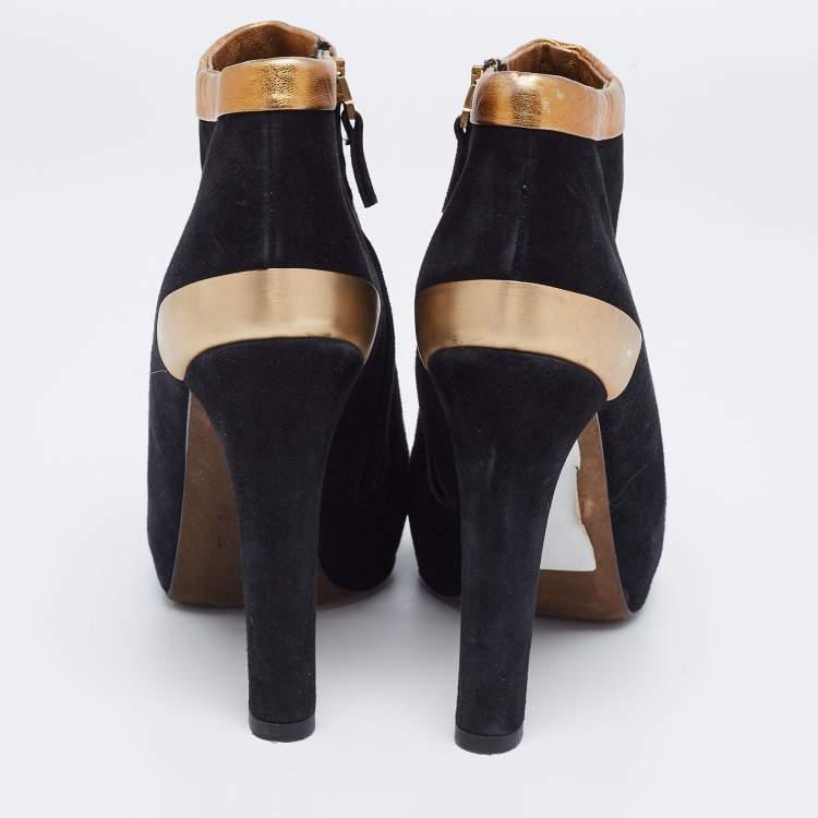 Pre Owned Fendi Black/Gold Leather And Suede Platform Ankle Boots Size 39.5