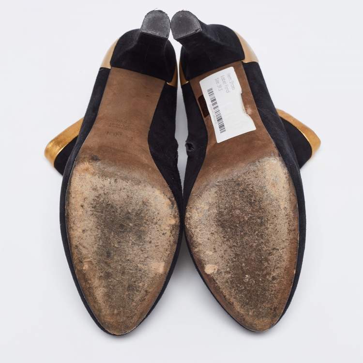 Pre Owned Fendi Black/Gold Leather And Suede Platform Ankle Boots Size 39.5