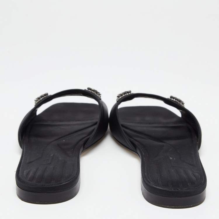Pre Owned Fendi Black Satin Crystal Embellished Flats Slides Size 41