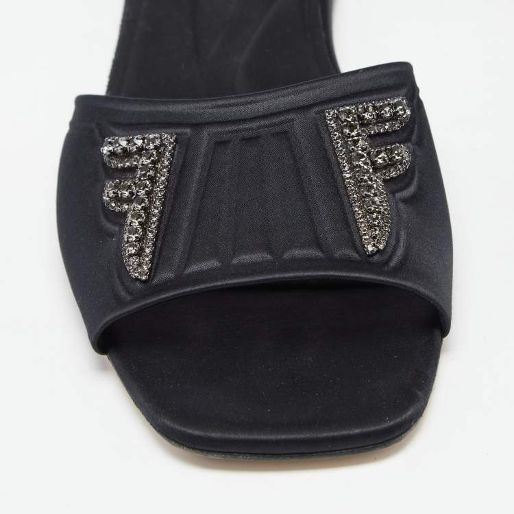 Pre Owned Fendi Black Satin Crystal Embellished Flats Slides Size 41