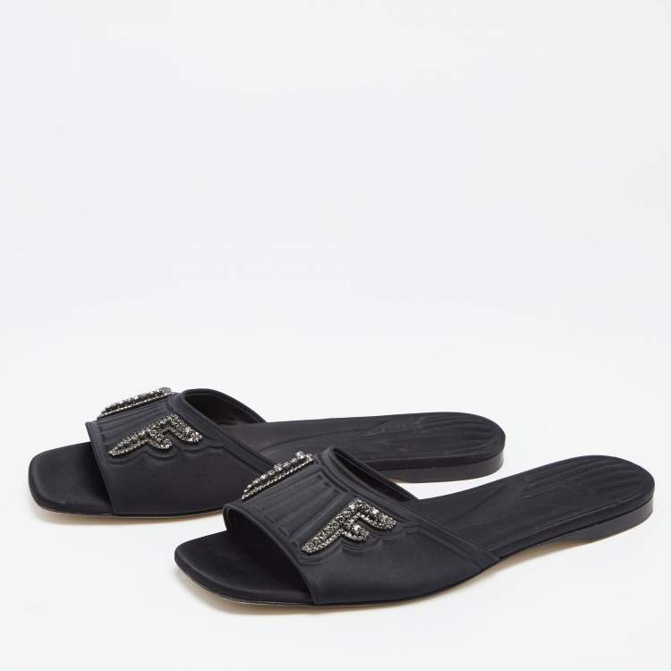 Fendi black cheap satin slides