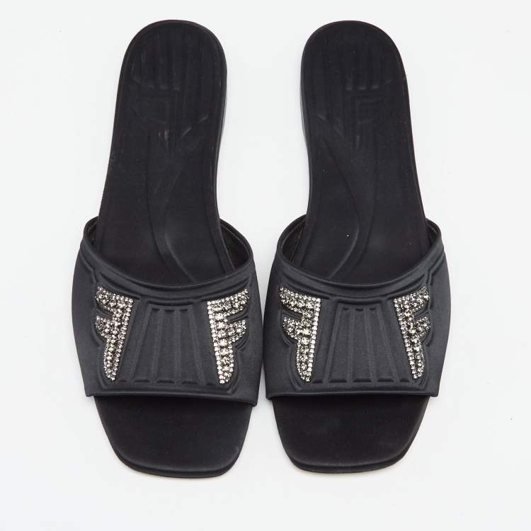 Pre Owned Fendi Black Satin Crystal Embellished Flats Slides Size 41