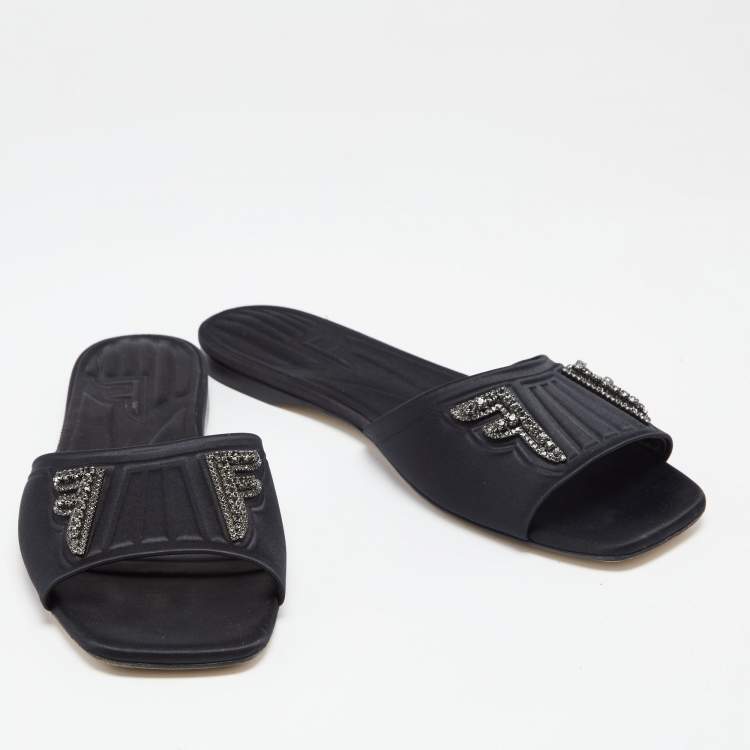 Pre Owned Fendi Black Satin Crystal Embellished Flats Slides Size 41