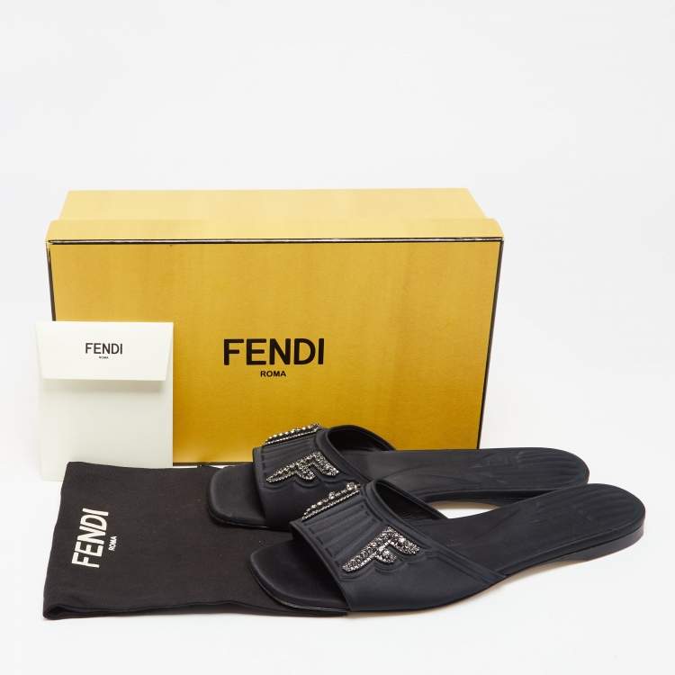 Pre Owned Fendi Black Satin Crystal Embellished Flats Slides Size 41