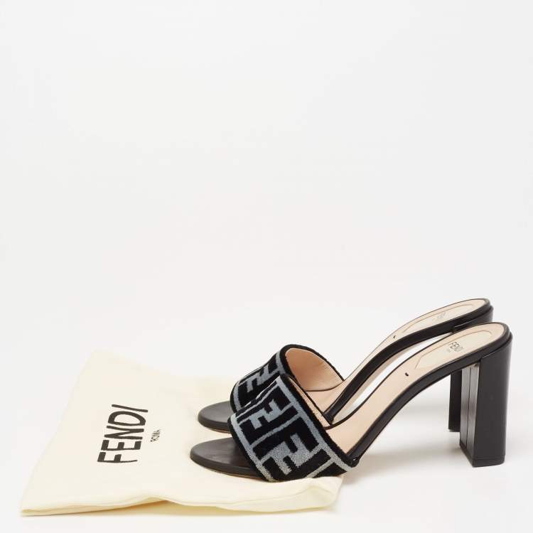 Pre Owned Fendi Grey/Black Zucca Velvet Slide Sandals Size 39