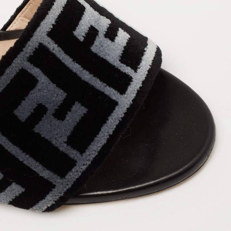 Pre Owned Fendi Grey/Black Zucca Velvet Slide Sandals Size 39