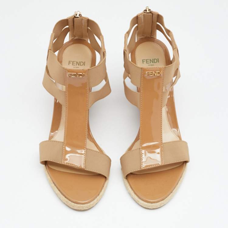 Pre Owned Fendi Beige Patent Leather And Elastic Fabric Carioca Wedge Espadrille Sandals Size 36