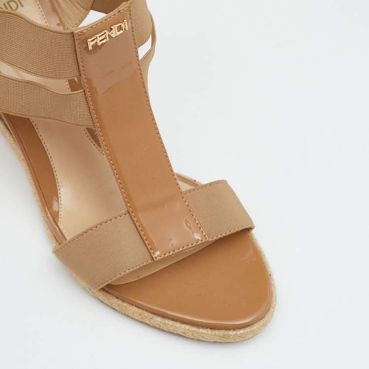 Pre Owned Fendi Beige Patent Leather And Elastic Fabric Carioca Wedge Espadrille Sandals Size 36