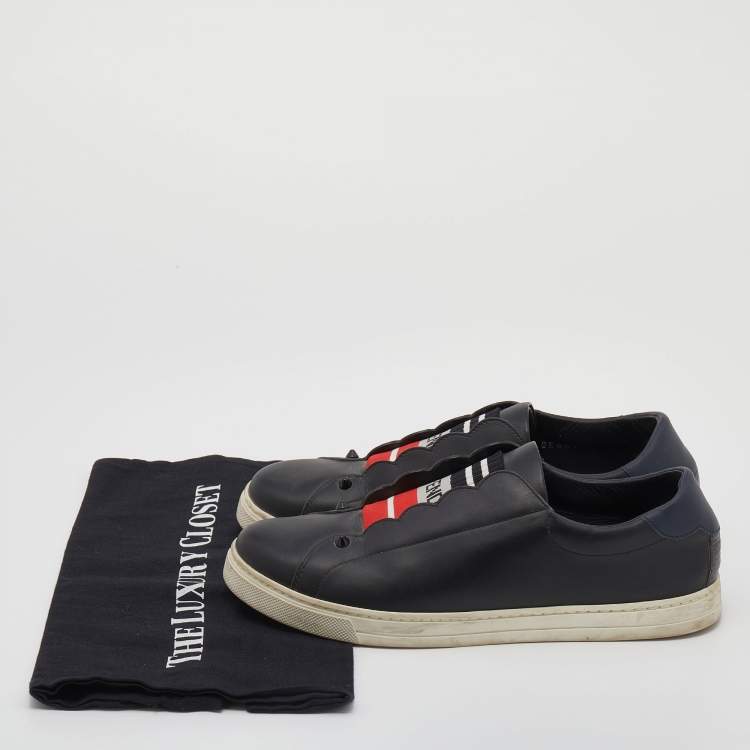Pre Owned Fendi Black Leather And Logo Knit Fabric Scallop Detail Slip On Sneakers Size 40