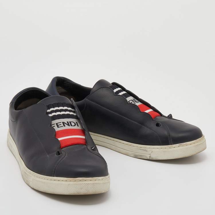 Pre Owned Fendi Black Leather And Logo Knit Fabric Scallop Detail Slip On Sneakers Size 40