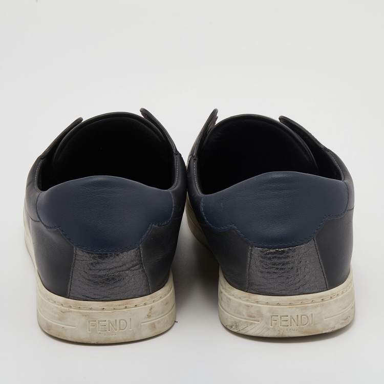 Pre Owned Fendi Black Leather And Logo Knit Fabric Scallop Detail Slip On Sneakers Size 40