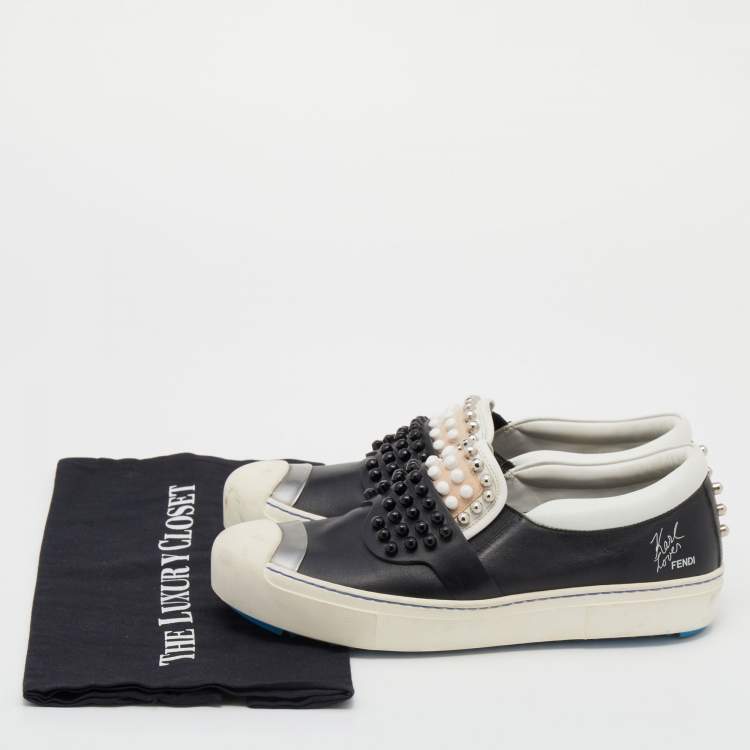Pre Owned Fendi Black/White Leather Studded Karl Lover Slip On Sneakers Size 39