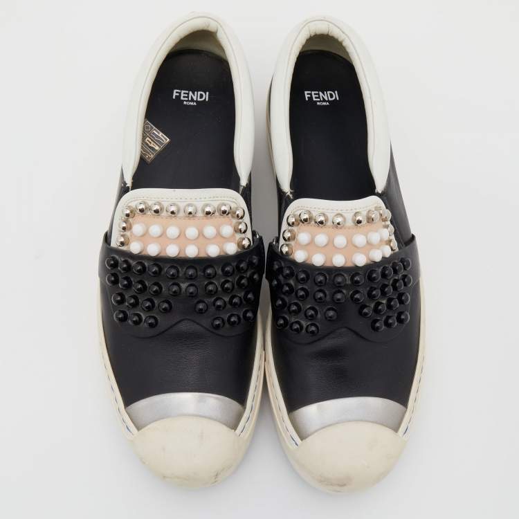 Pre Owned Fendi Black/White Leather Studded Karl Lover Slip On Sneakers Size 39
