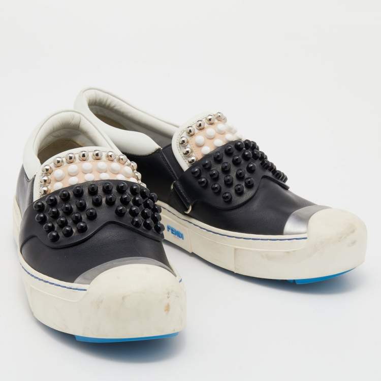 Pre Owned Fendi Black/White Leather Studded Karl Lover Slip On Sneakers Size 39