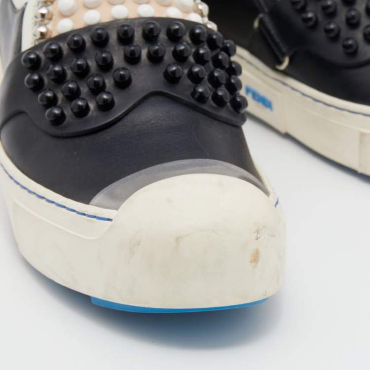 Pre Owned Fendi Black/White Leather Studded Karl Lover Slip On Sneakers Size 39