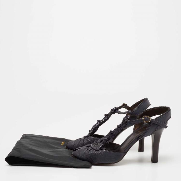 Pre Owned Fendi Navy Blue Leather T-Strap Peep Toe Ankle Strap Sandals Size 38.5