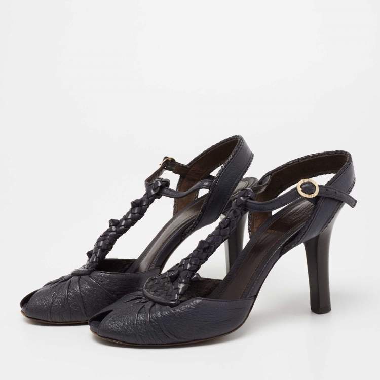 Pre Owned Fendi Navy Blue Leather T-Strap Peep Toe Ankle Strap Sandals Size 38.5