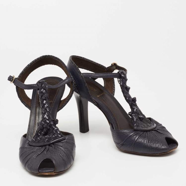 Pre Owned Fendi Navy Blue Leather T-Strap Peep Toe Ankle Strap Sandals Size 38.5