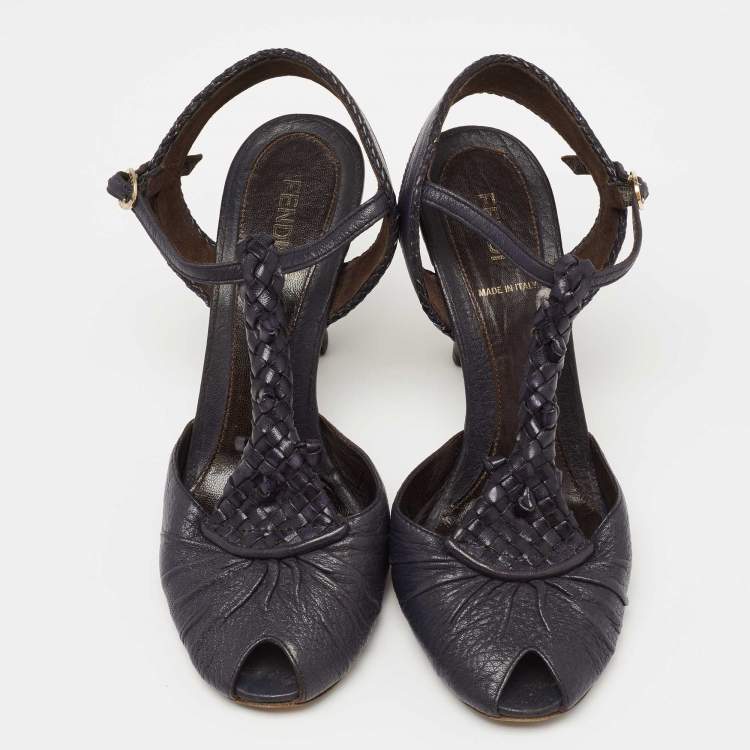 Pre Owned Fendi Navy Blue Leather T-Strap Peep Toe Ankle Strap Sandals Size 38.5