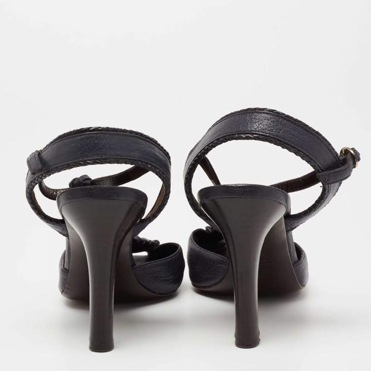 Pre Owned Fendi Navy Blue Leather T-Strap Peep Toe Ankle Strap Sandals Size 38.5