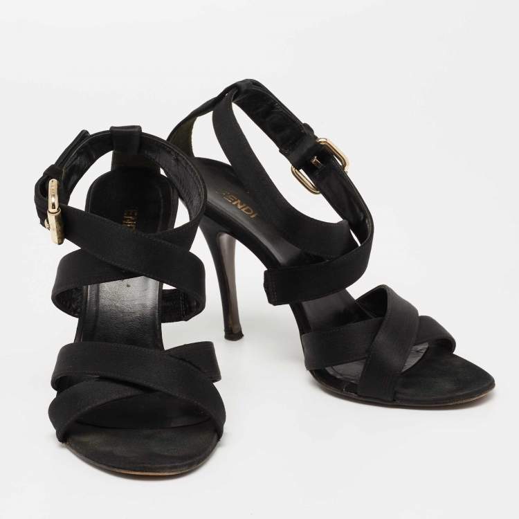 Pre Owned Fendi Black Satin  Criss Cross Ankle Strap Sandals Size 37