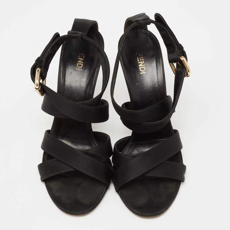 Pre Owned Fendi Black Satin  Criss Cross Ankle Strap Sandals Size 37