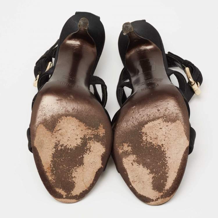 Pre Owned Fendi Black Satin  Criss Cross Ankle Strap Sandals Size 37