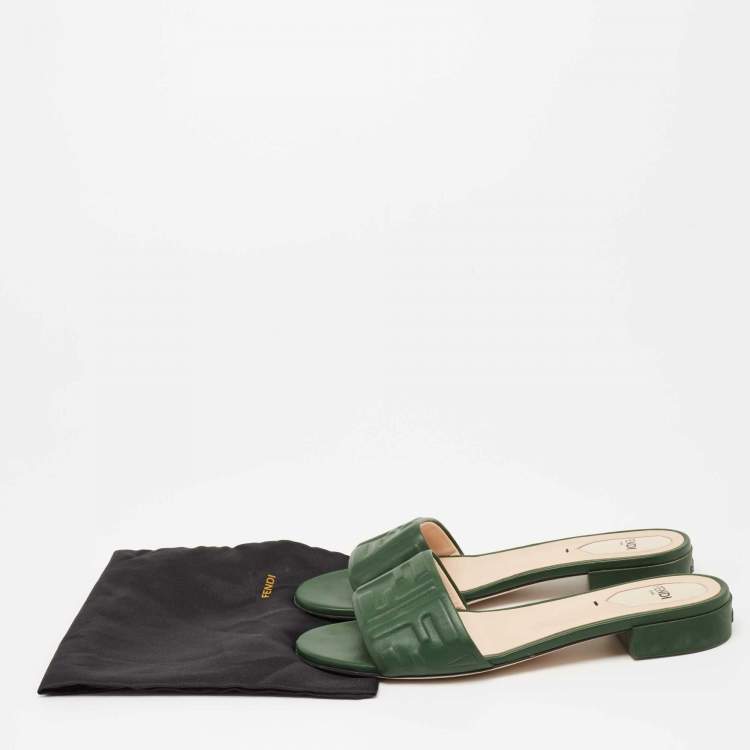 Pre Owned Fendi Green Leather FF Flat Sandals Size 38.5