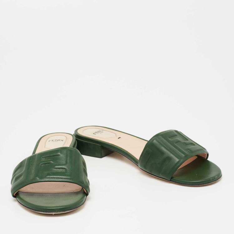Pre Owned Fendi Green Leather FF Flat Sandals Size 38.5
