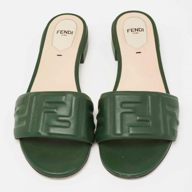 Pre Owned Fendi Green Leather FF Flat Sandals Size 38.5