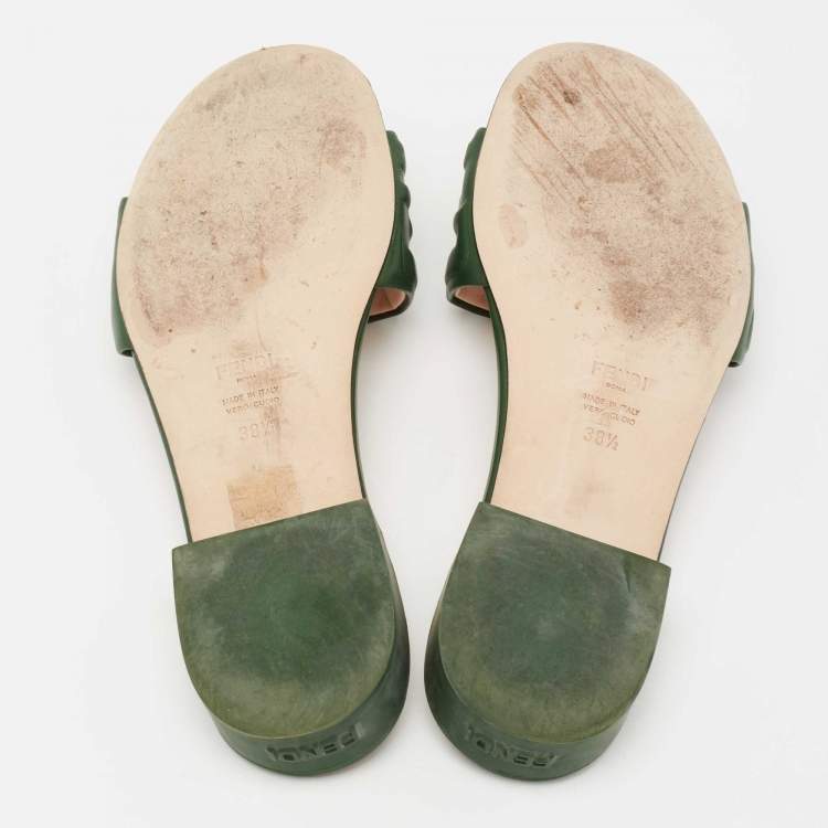 Pre Owned Fendi Green Leather FF Flat Sandals Size 38.5