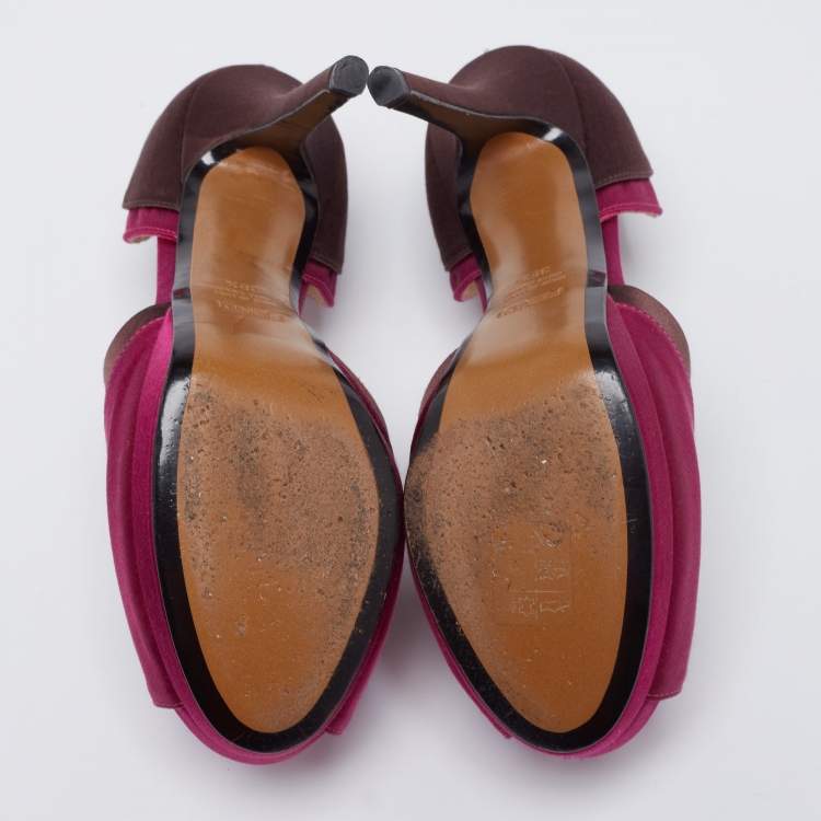 Pre Owned Fendi Magenta/Brown Satin Anemone D'orsay Peep-Toe Platform Pumps Size 38.5