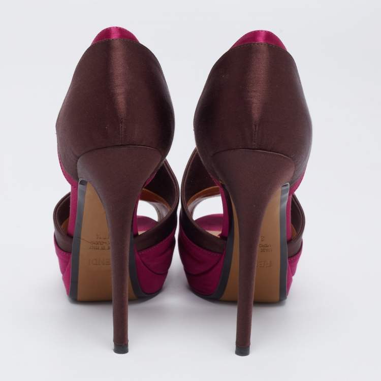 Pre Owned Fendi Magenta/Brown Satin Anemone D'orsay Peep-Toe Platform Pumps Size 38.5