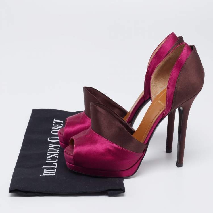 Pre Owned Fendi Magenta/Brown Satin Anemone D'orsay Peep-Toe Platform Pumps Size 38.5