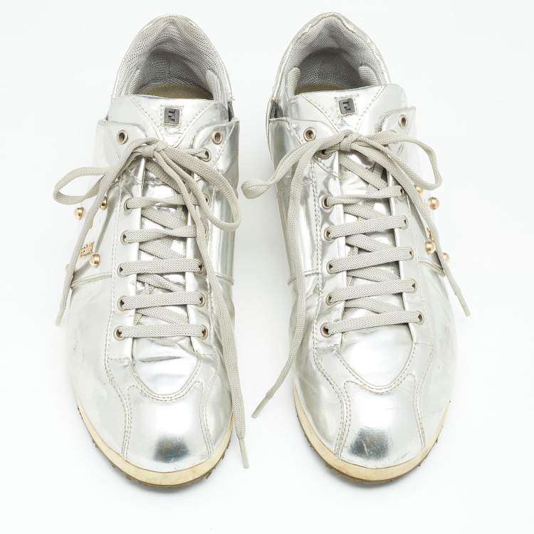 Pre Owned Fendi Metallic Silver Patent Leather Low Top Sneakers Size 38