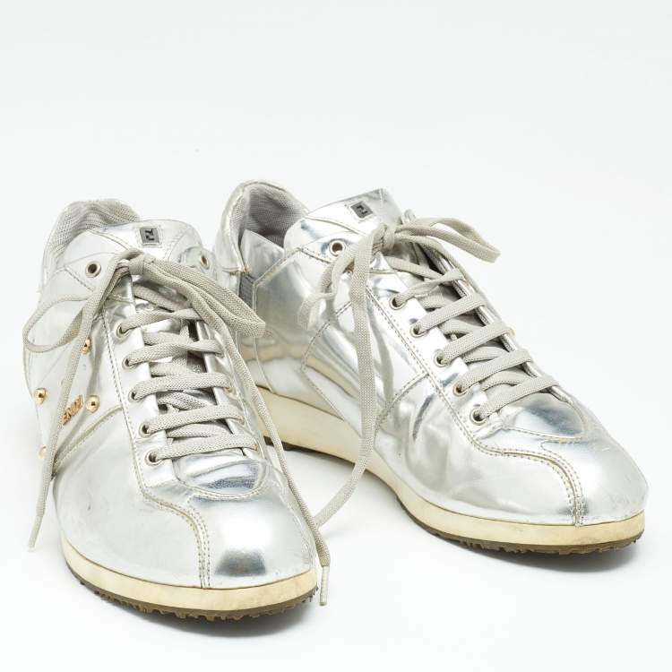Pre Owned Fendi Metallic Silver Patent Leather Low Top Sneakers Size 38