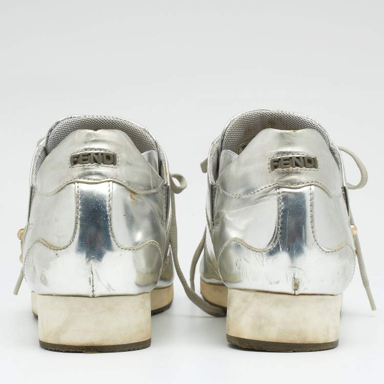Pre Owned Fendi Metallic Silver Patent Leather Low Top Sneakers Size 38
