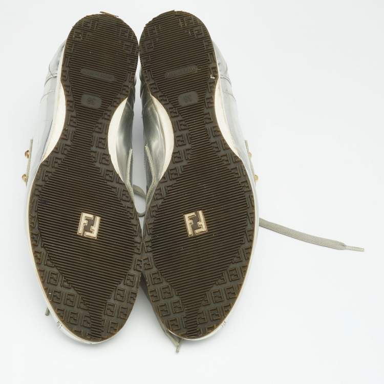 Pre Owned Fendi Metallic Silver Patent Leather Low Top Sneakers Size 38
